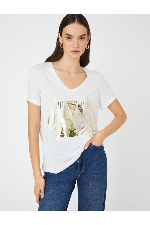 Sequin Printed T-Shirt Relax Fit V-Neck Short Sleeve