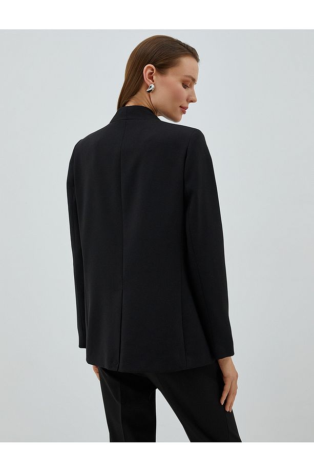Yakasız Blazer Ceket Tek Düğmeli Cep Detaylı - 4