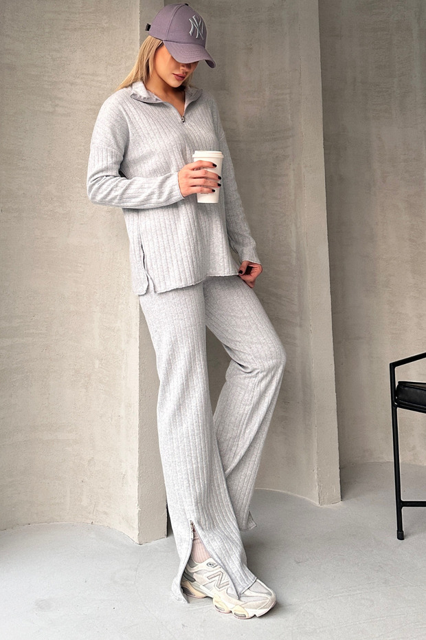 Women's Ribbed Neck Zippered Leg Slit Front Zippered Knitwear Set