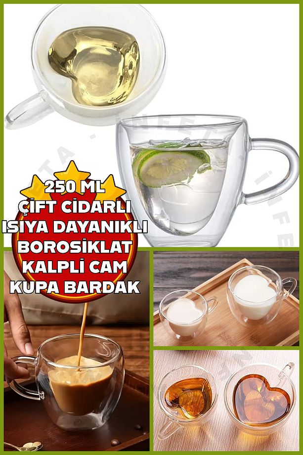 Isıya Dayanıklı Çift Cidarlı Kalpli Kupa Bardak | Borosilikat Çift Katmanlı 250 ml Çay Kahve Bardağı - 1