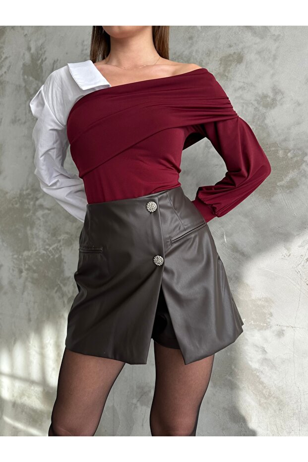 Düğme Detaylı Deri Şort Etek - 1