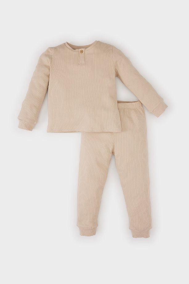 Erkek Bebek Pijama Takımı Fitilli Kaşkorse Basic Düz Bisiklet Yaka Uzun Kollu Üst Beli Lastikli Uzun - 1