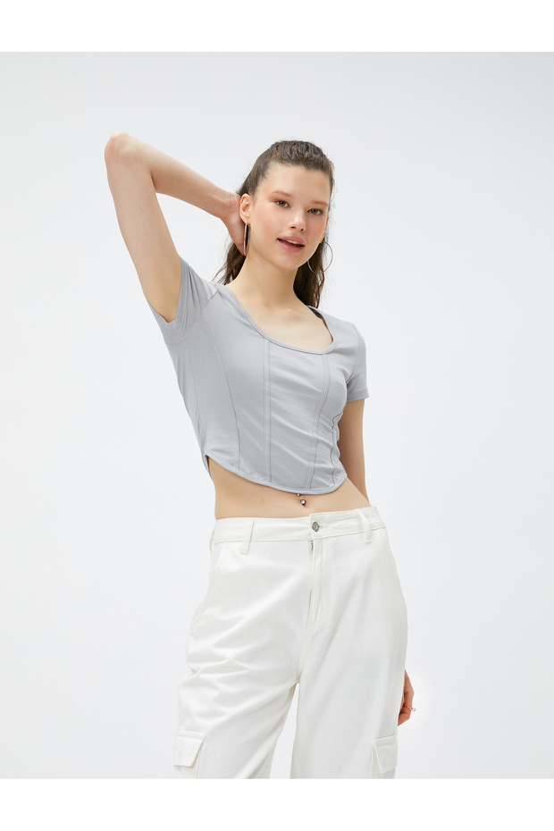 Crop T-Shirt Cotton Round Neck Ribbed Short Sleeve