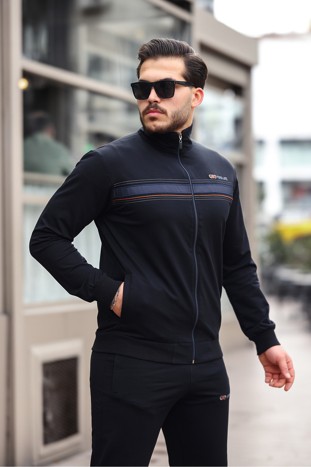 Men's Stylish Tracksuit Set with Embroidery Detail on the Chest, Dark Navy