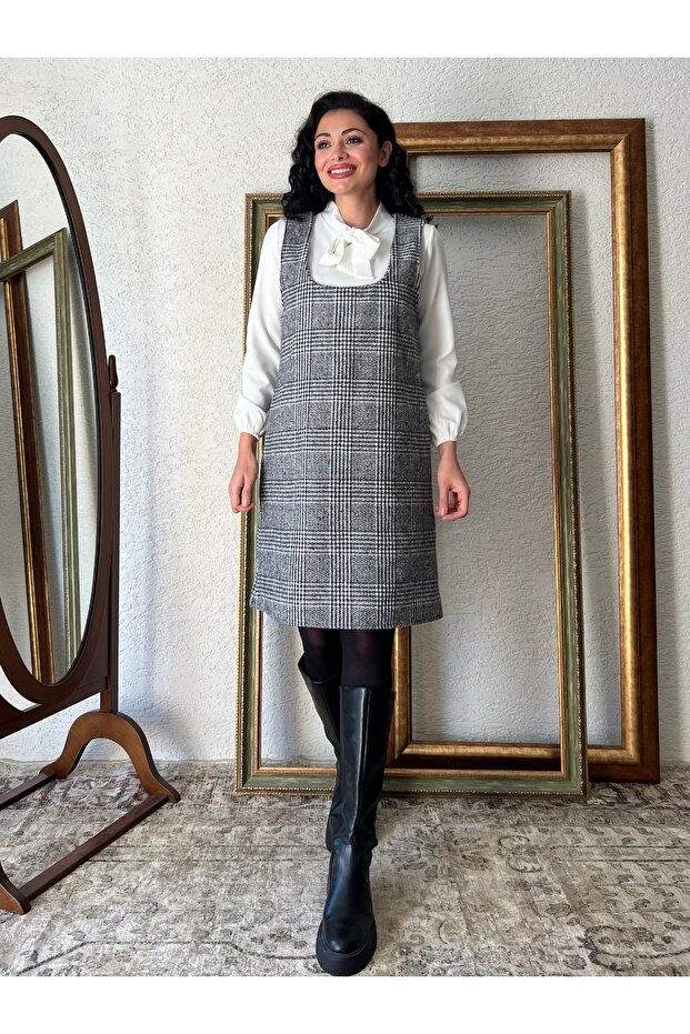 Short Black Thin Striped Cotton Plaid Square Collar Loose Gilet Dress