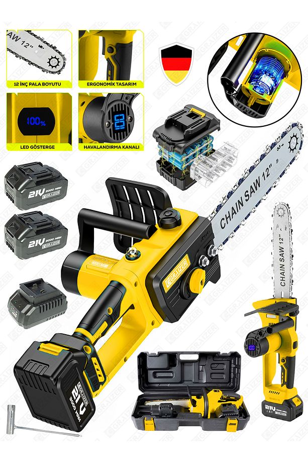 21 Vf 3000 Mah Dijital Şarj Göstergeli Karbon Motor Şarjlı Akülü Dal Kesme Budama Testere Makinesi - 1