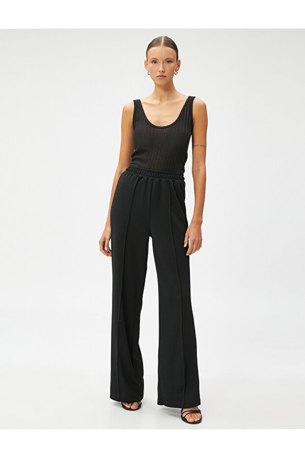 Wide Leg Trousers Ribbed Elastic Waist