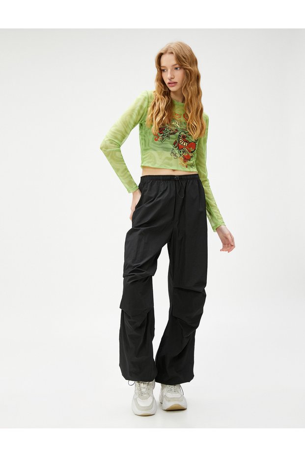 Crop T-Shirt Long Sleeve Tulle Printed Crew Neck