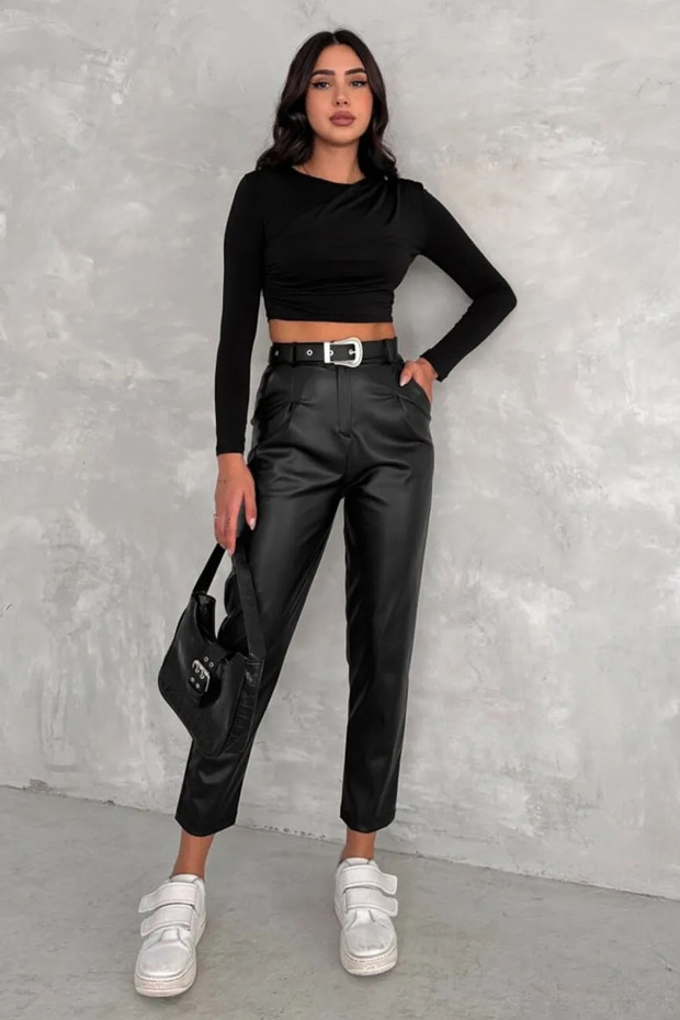Leather Trousers with Carottain Belt-Black