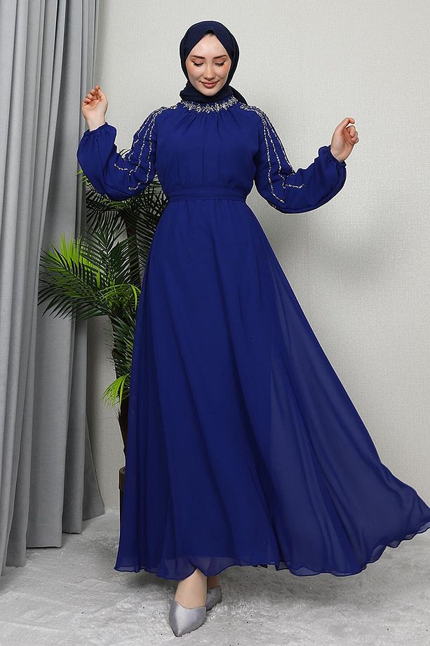 Semra Tesettür Elbise Gece Mavi - 3