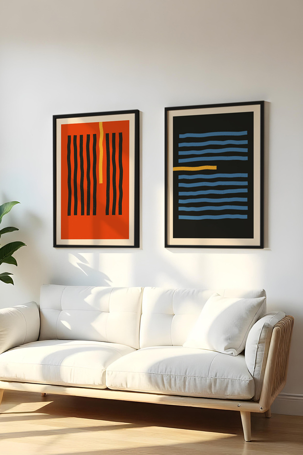 Wooden Black Framed 2 Piece Set Painting Huhu129 - Double Painting Set Black Frame