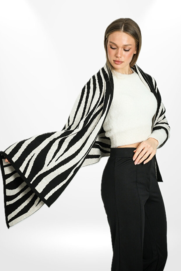 Knitwear Shoulder Shawl Double-Sided - Neck Shawl - Special Occasion Shoulder Shawl - Winter Shawl - Black - Cream