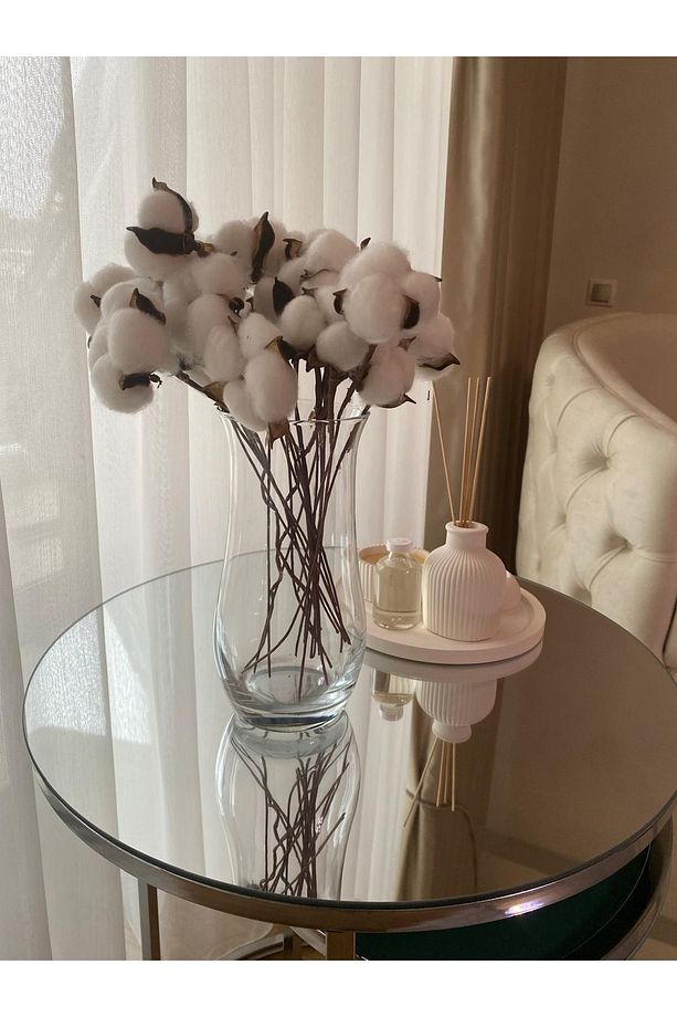 Doğal Pamuk Çiçeği 10 Adet Tekli Dal Kuru Çiçek 30 Cm Yapay Çiçek - 5