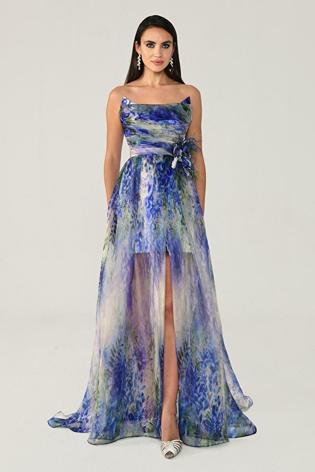 Self Floral Patterned Strappy Tulle Evening Dress