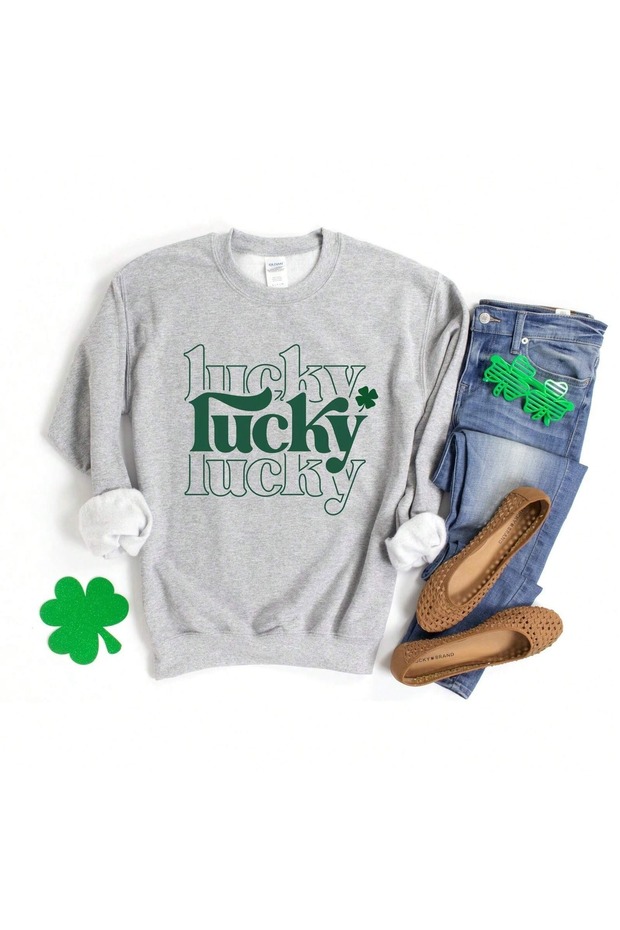 Women's Gray Lucky Lucky Printed Crew Neck Oversize Sweatshirt