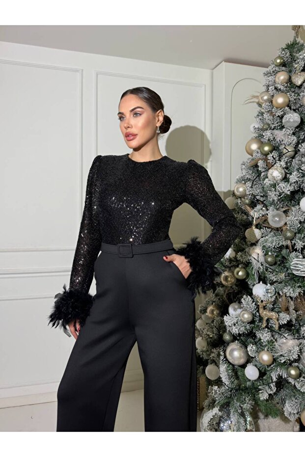 Women's Imported Sequin Sequin Fabric Sleeves Otriş Detail Belted Lined Special Design Jumpsuit