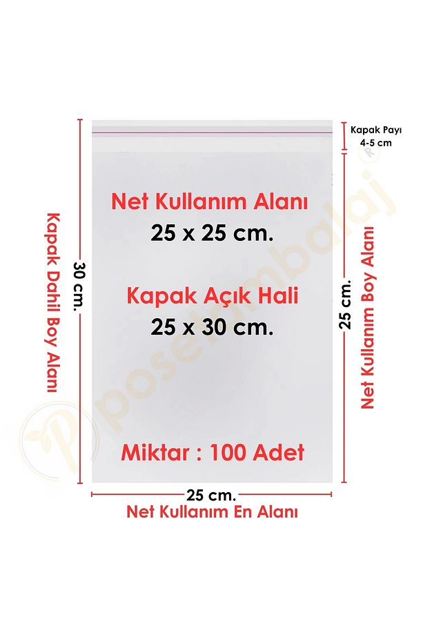 25x25 5 Cm.(25X30) 100 Adet Şeffaf Bantlı Yapışkanlı Jelatin Poşet - 1