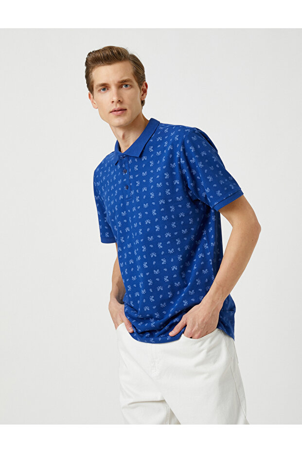 Polo Neck T-Shirt Buttoned Slim Fit Shawl Print Detailed Cotton