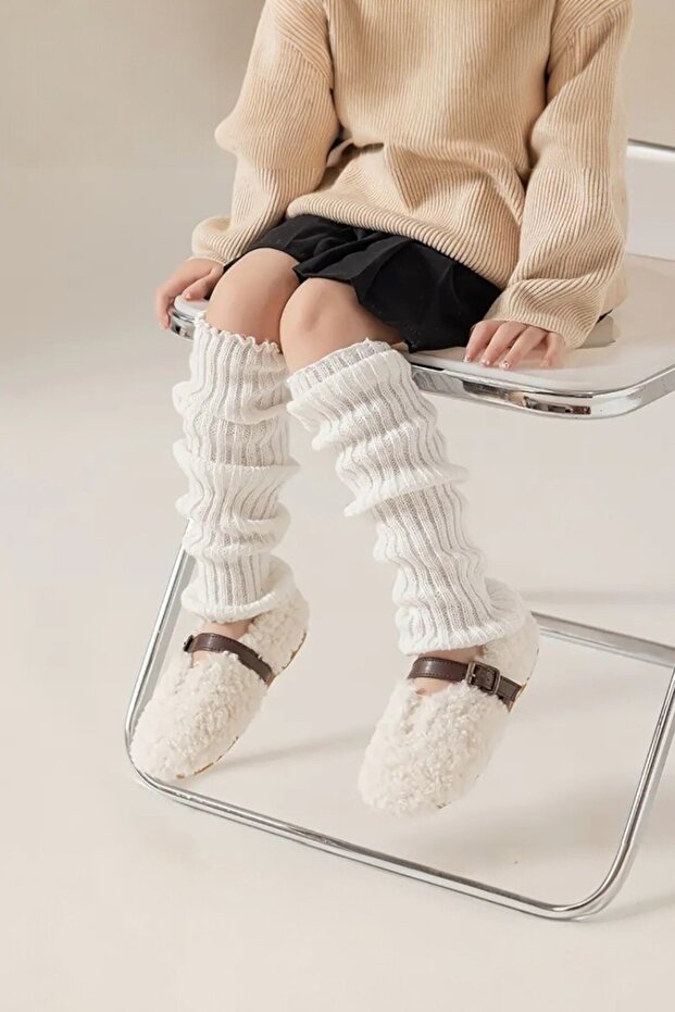 Kids 100% Acrylic Knitwear Knitted Leg Warmer Foot Warmer Leggings Ecru - for Children