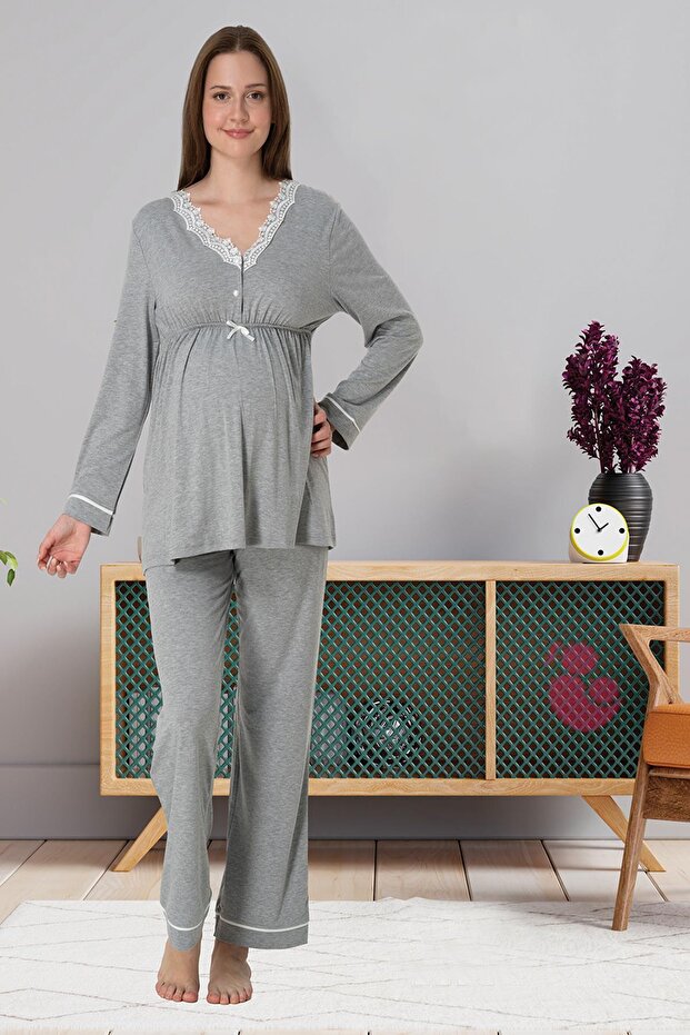 Effortt 3052 Gray Lace Detailed Maternity Pajamas Set
