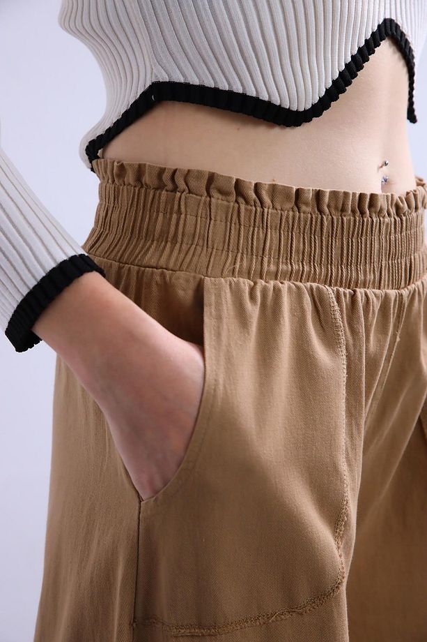 Camel Rengi Cebi Detaylı İspanyol Paça Pantolon - 5