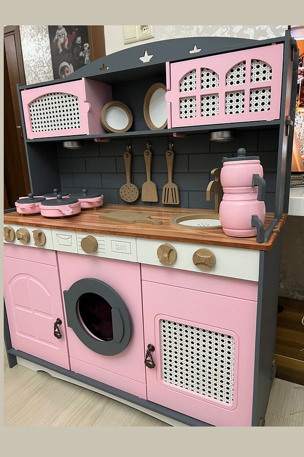 Pembe Gri Oyuncak Mutfak Çaydanlık Seti ve 1 Led Hediyeli - 4