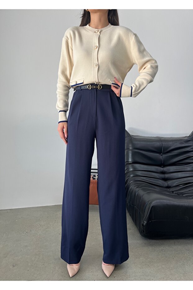 Belted High Waist Navy Blue Fabric Palazzo Pants