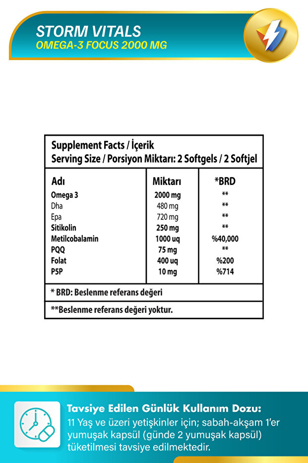 Storm Vitals Omega Focus Sitikolin-omega- B12 Complex-güçlü Zihin Formülü- 60 Softjel - 3