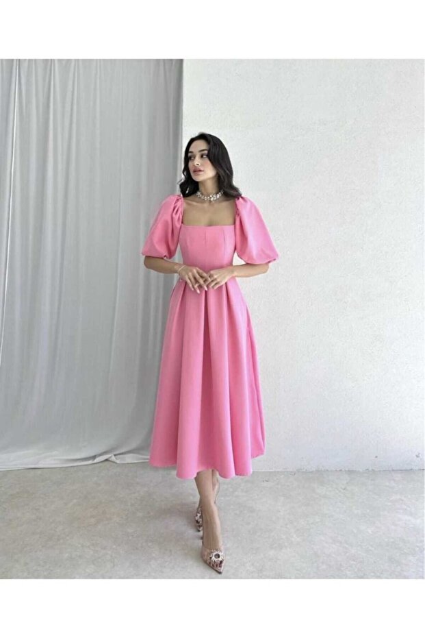 Balloon Sleeve Square Collar Pleated Midi Dress