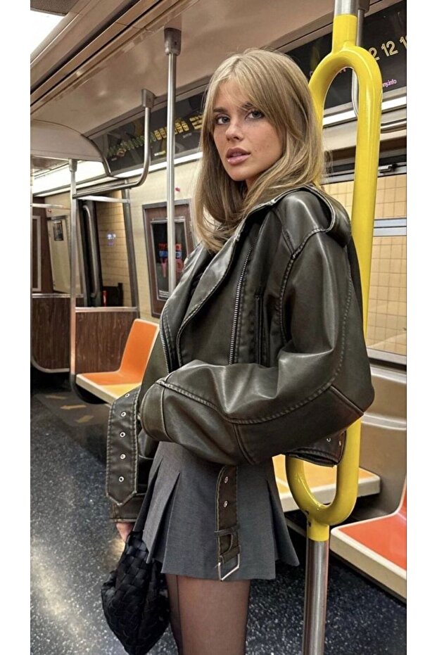 Khaki Oversized Biker Women's Leather Jacket