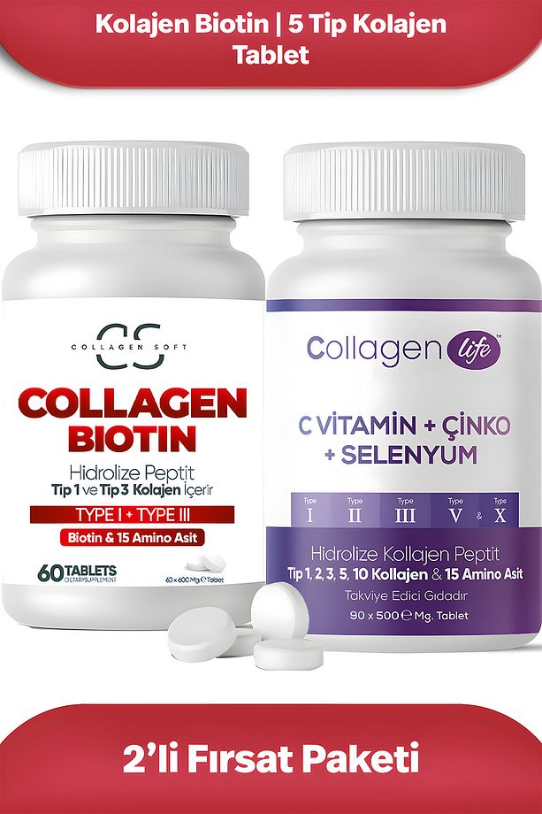 2'li Fırsat Seti Tip 1 Tip 3 Kolajen Biotin 60 Tablet | 5 Tip Kolajen 90 Tablet - 2