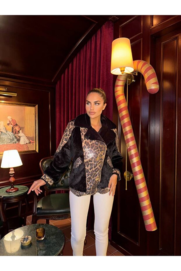 Leopard Print Sequined Soft Fleece Jacket - 2