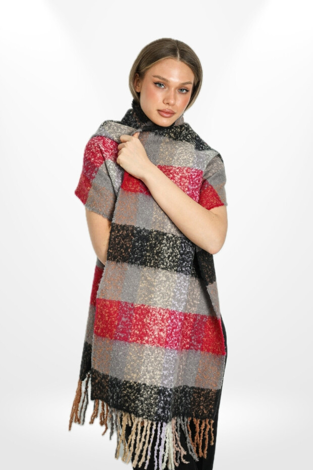 Thick Shoulder Shawl with Plaid Print and Tassel - Soft Texture, Red, Dark Grey and Mink
