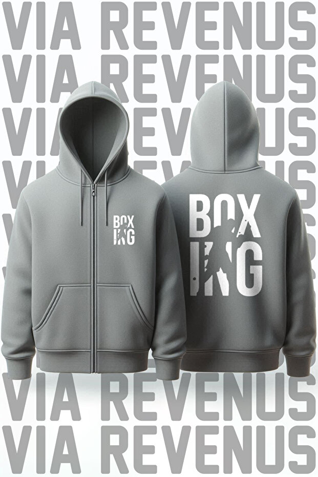 Boxing Front and Back Printed Unisex Zippered Hooded Gray Sweatshirt Cardigan