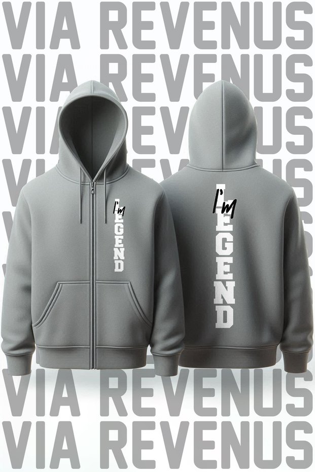 I'M Legend Front and Back Printed Unisex Zippered Hooded Gray Sweatshirt Cardigan