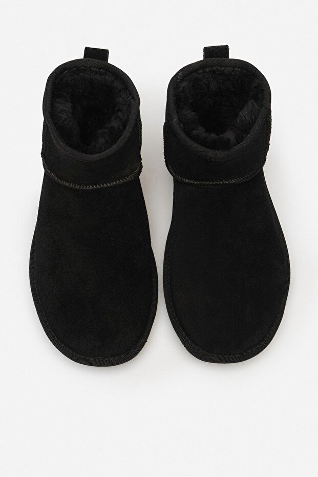 Schwarze Mini-Damenstiefel aus echtem Wildleder mit flacher Sohle und Fell innen - 8