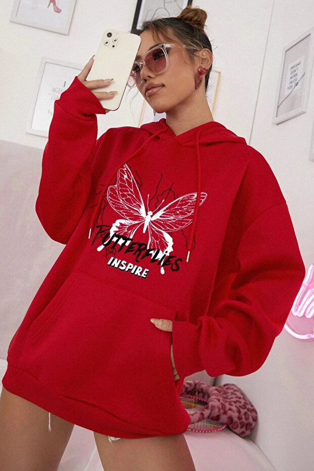 Cotton Red Butterfly Printed Oversized Hooded Sweatshirt