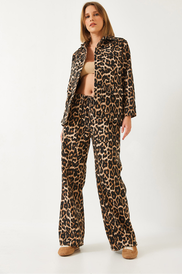 Women's Brown Leopard Patterned Top and Bottom Set 60261255