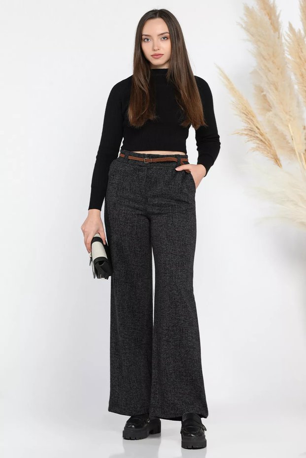 Black Black Women's High Waist Self Patterned Waist Elastic Winter Wide Leg Palazzo Trousers