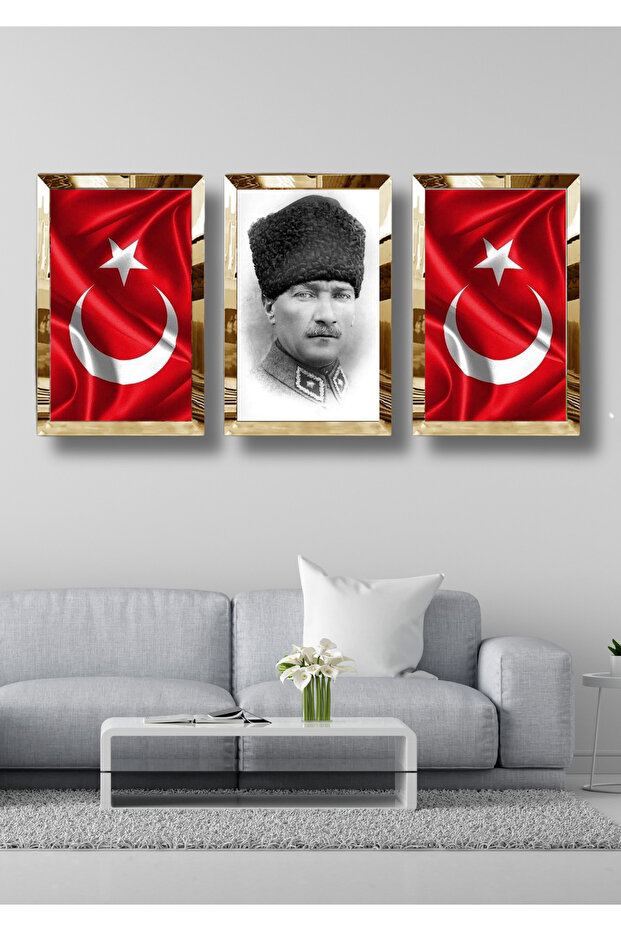 3-Piece Gold Plexiglass Mirrored Ataturk Turkish Flag Painting Set
