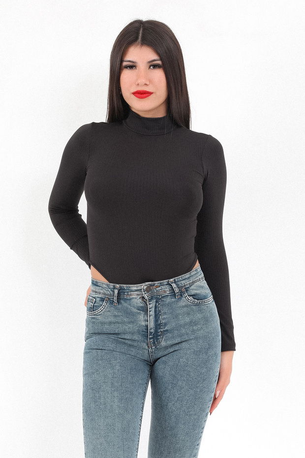 Women's Black Turtleneck Long Sleeve Stretchy Snap Fastener Bodysuit - 2441