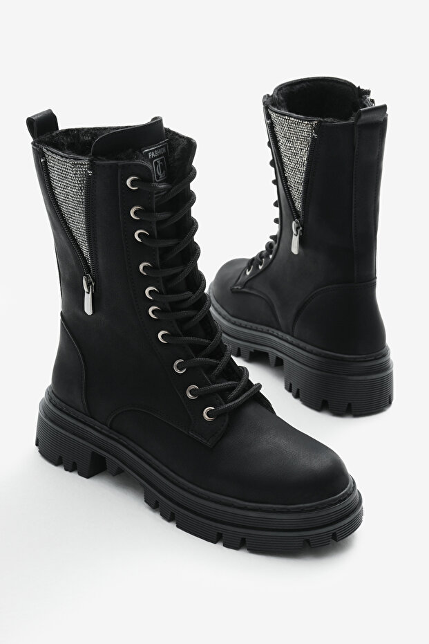 Női fekete matt Thermo Sole Side Stone részletes fűzős és cipzáras csizma - 3
