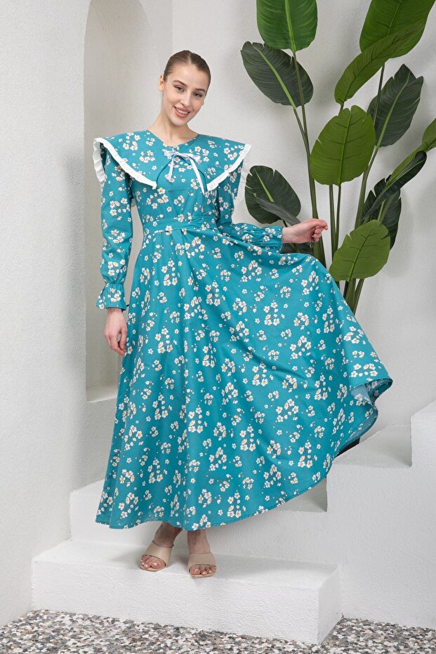 Hijab Spring Branch Petrol Blue Flared Dress with Mobile Collar (Dese-Collar)