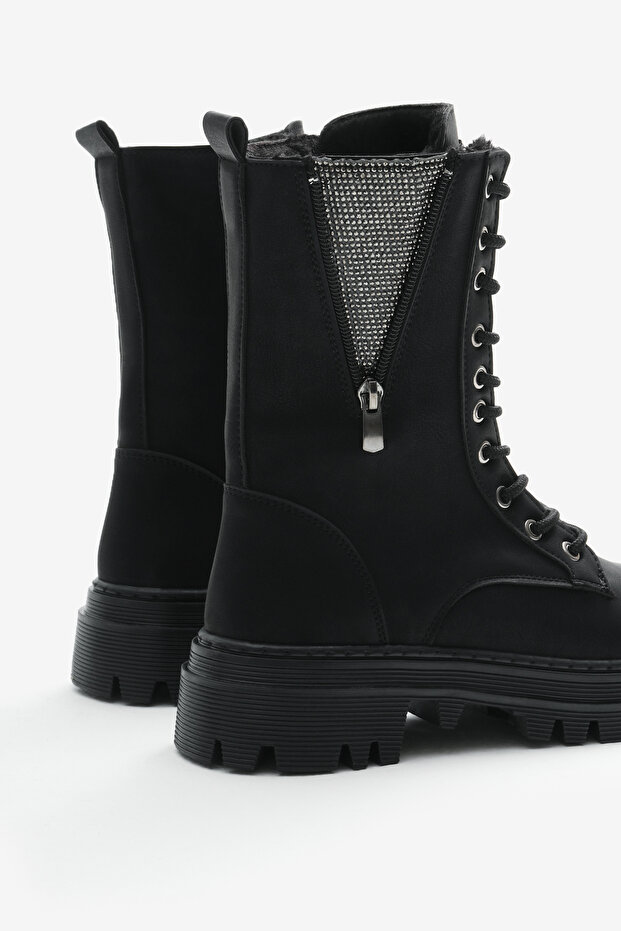 Női fekete matt Thermo Sole Side Stone részletes fűzős és cipzáras csizma - 5