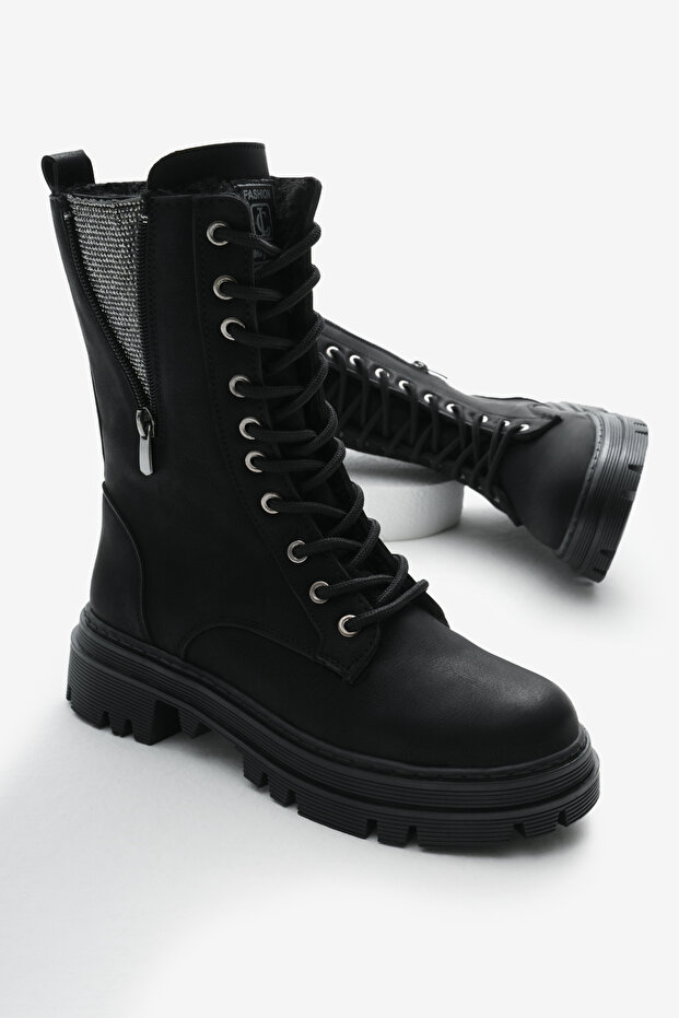 Női fekete matt Thermo Sole Side Stone részletes fűzős és cipzáras csizma - 1