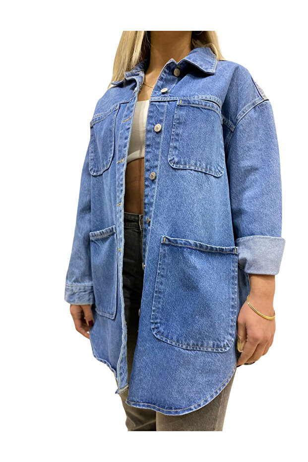 5316 Dört Cepli Oversize Gömlek Mavi - 1