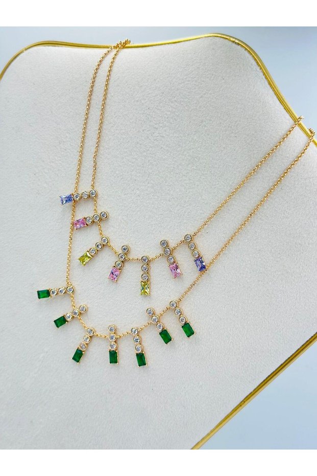 Baguette Stone Detailed Steel Necklace Green