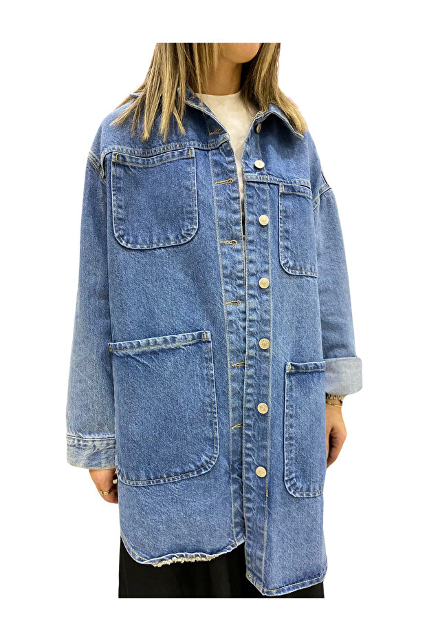 5316 Dört Cepli Oversize Gömlek Mavi - 4