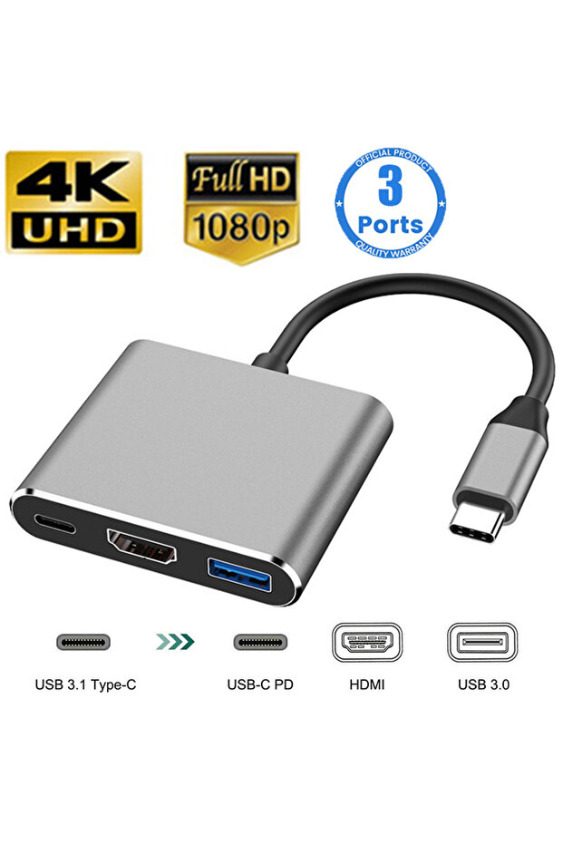 موزع USB 3 في 1 باللون الرمادي، موزع USB C إلى HDMI متوافق مع موزع USB 3.0 متوافق مع USB-C إلى HDMI