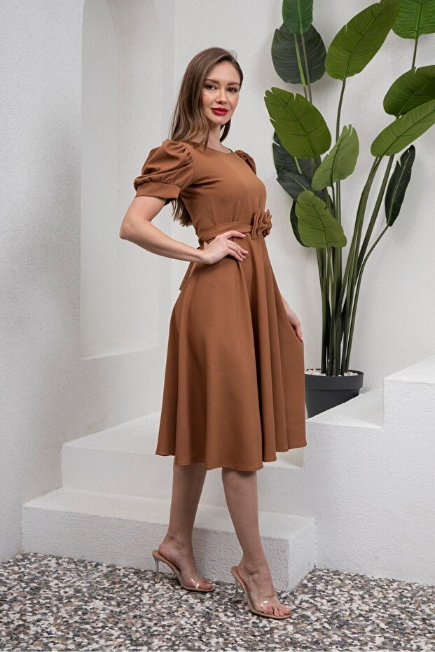 Camel Rengi Karpuz Kol Kloş Midi Boy Krep Elbise - 4